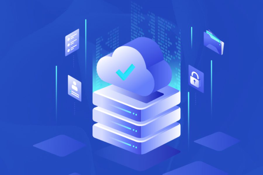 A imagem é uma ilustração que representa o conceito de computação em nuvem e armazenamento de dados. No centro, há uma pilha de servidores com uma nuvem acima, que possui um sinal de 'check' verde, indicando sucesso ou segurança. Vários ícones flutuam ao redor, como um perfil de usuário, uma lista de documentos, um cadeado (segurança) e uma pasta de arquivos, todos conectados aos servidores e à nuvem por linhas pontilhadas, sugerindo fluxo de dados. O fundo é um gradiente de azul com um padrão sutil de grade, reforçando o tema tecnológico.