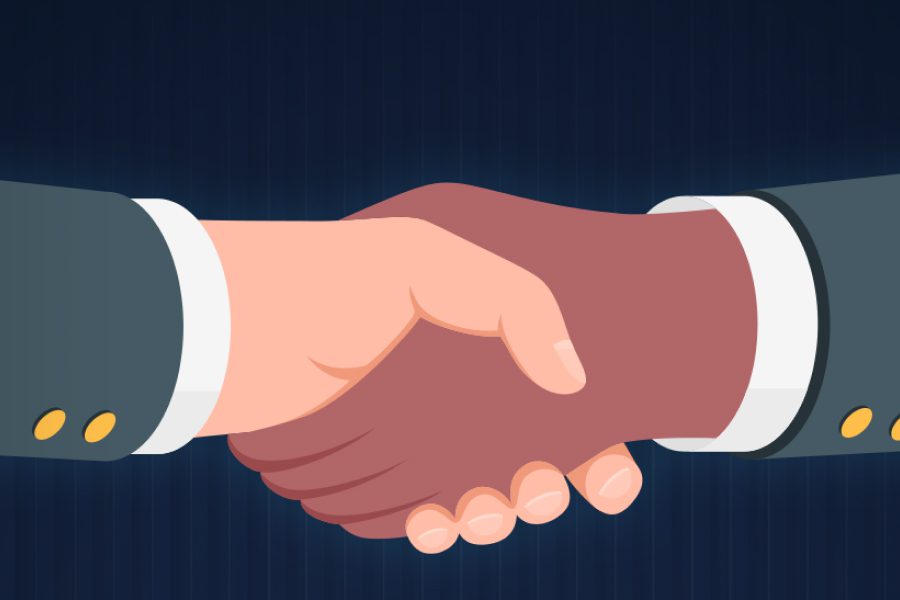 A imagem é uma ilustração de um aperto de mãos entre duas pessoas com tons de pele diferentes, simbolizando diversidade, parceria ou acordo. O fundo é um azul escuro com um padrão sutil de linhas verticais.