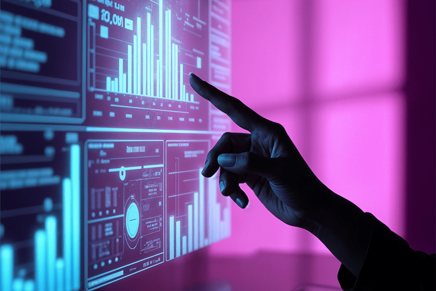 A imagem mostra a mão de uma pessoa apontando para uma tela digital com gráficos, barras e dados em exibição. O fundo tem iluminação em tons de rosa e roxo, criando um visual futurista e tecnológico.