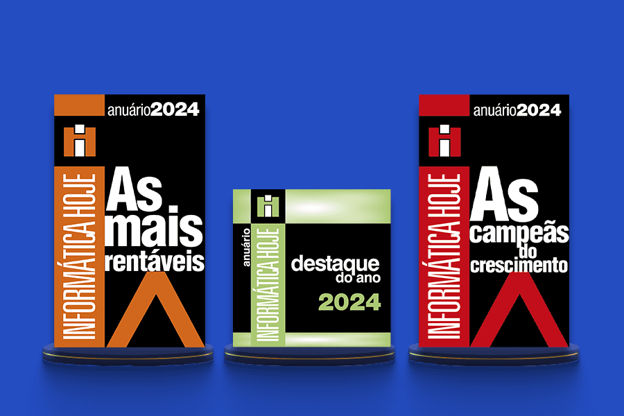 Imagem exibe três troféus do anuário Informática Hoje 2024: “As mais rentáveis”, “Destaque do ano” e “As campeãs do crescimento”.