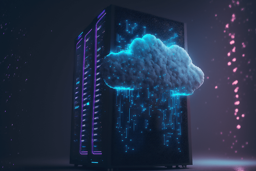 Imagem conceitual de um servidor com uma nuvem digital azul flutuando à frente, simbolizando computação em nuvem e armazenamento de dados.
