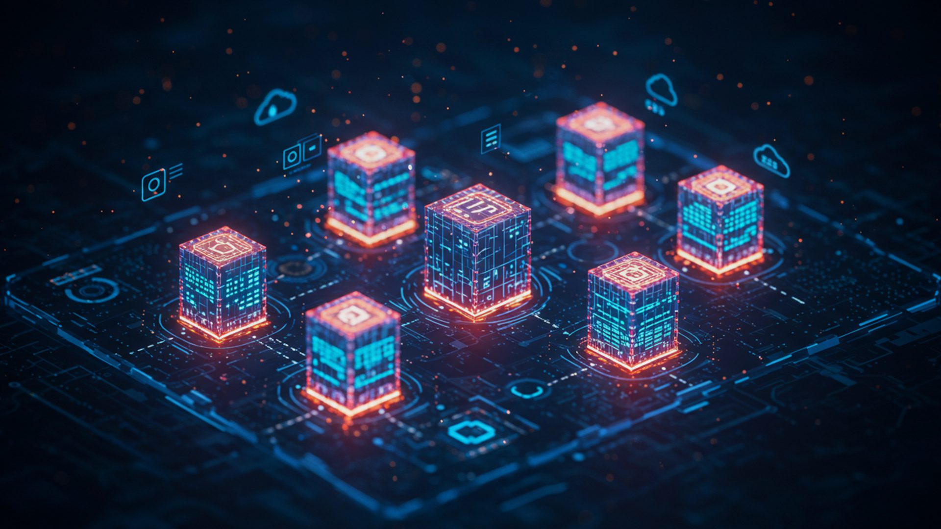 Blocos de dados luminosos em placa de circuito, representando blockchain, computação distribuída e infraestrutura de rede.