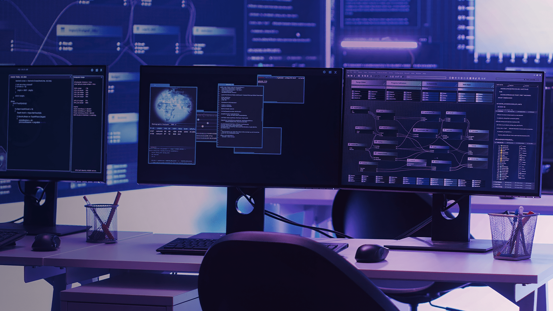 Sala com três monitores exibindo códigos, fluxos de dados e mapas digitais em ambiente tecnológico com iluminação azul e violeta.