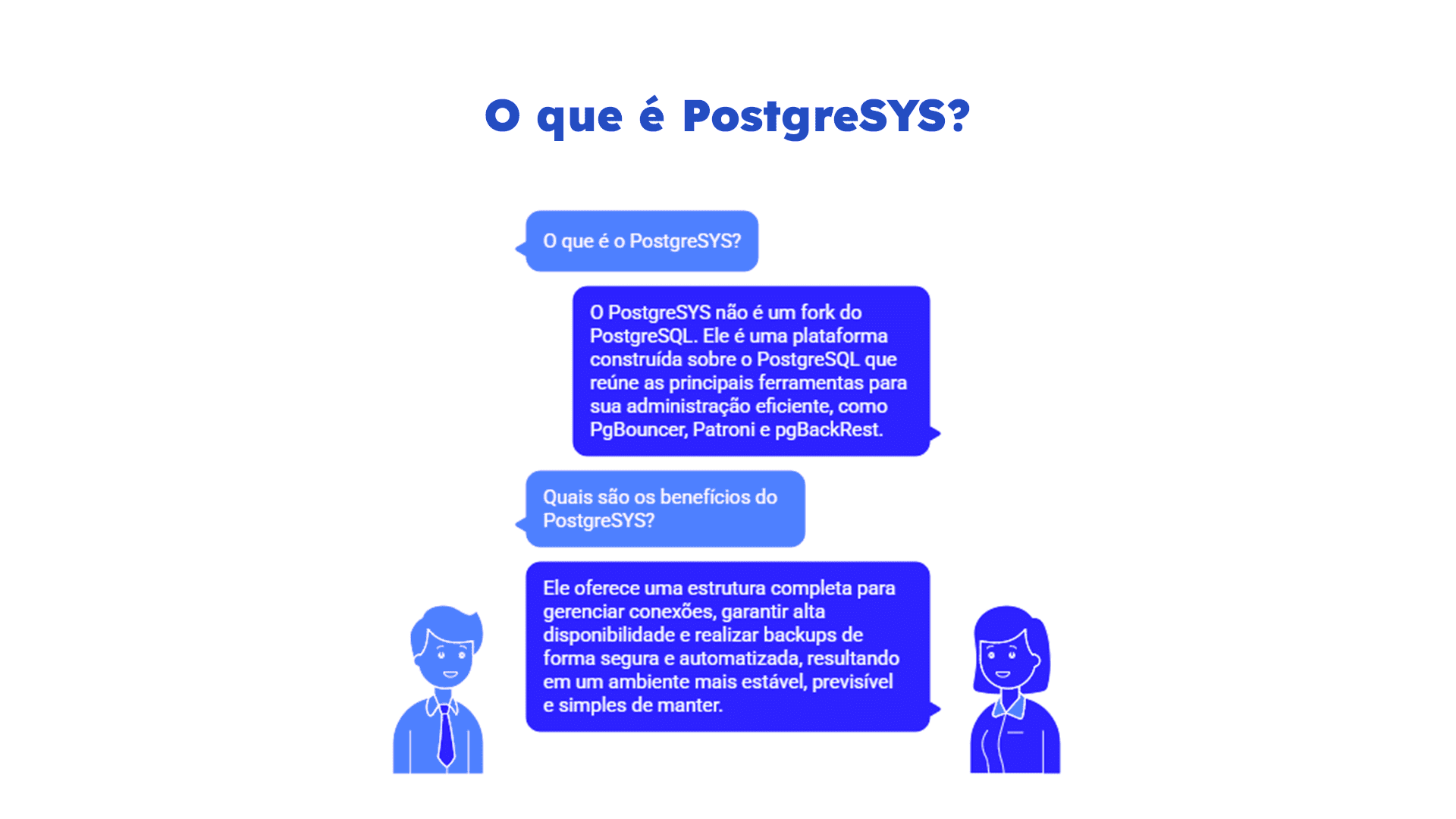 PostgreSQL. Diagrama com o título “O que é PostgreSYS?”. Balões explicam que é uma plataforma baseada em PostgreSQL com ferramentas para alta disponibilidade e backups automáticos.