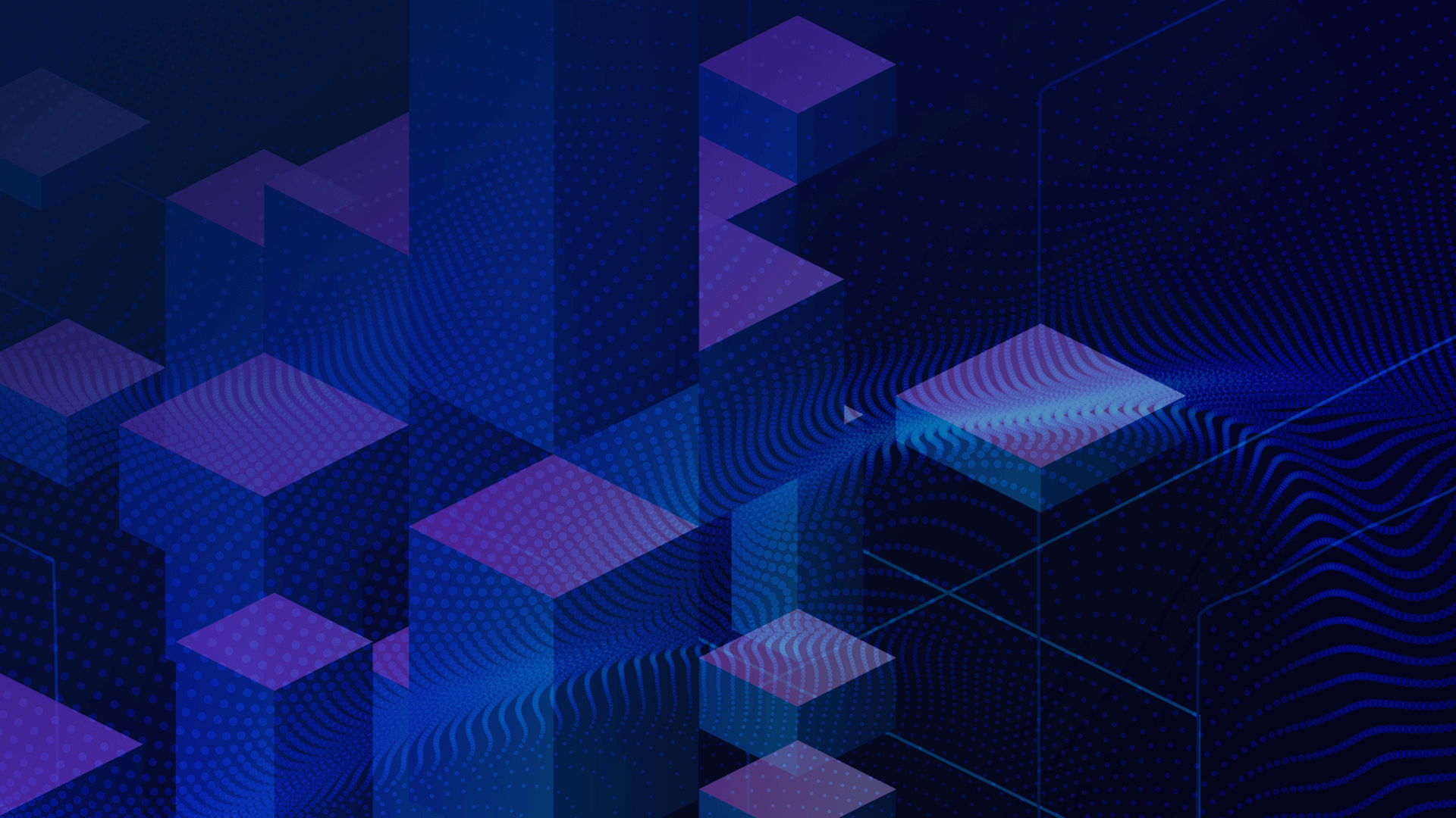 Monolito. Geometria abstrata com cubos em tons de azul e roxo, formando um cenário tecnológico com padrões de linhas e pontos sobrepostos.