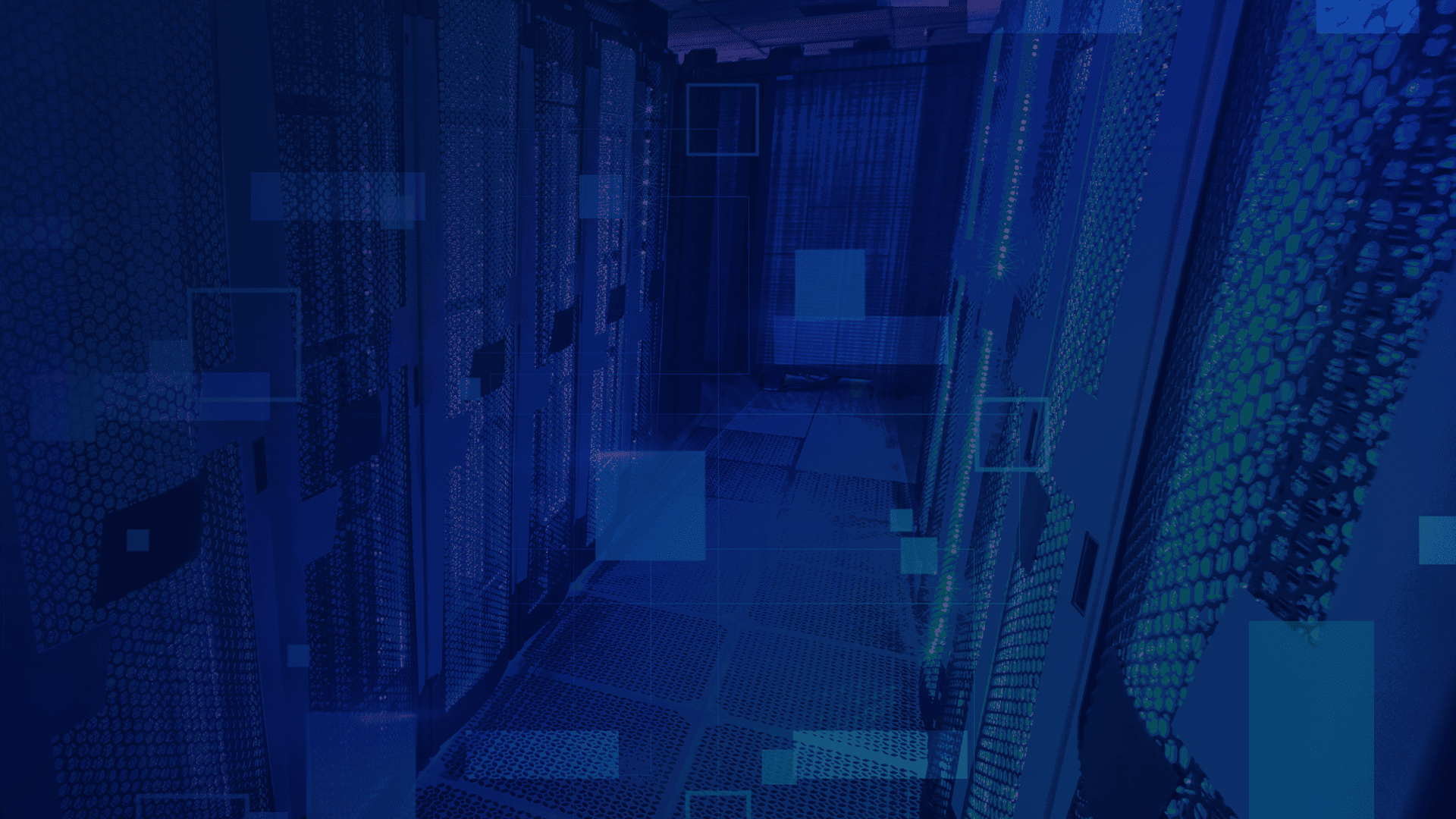 Corredor de data center com racks de servidores iluminados em azul e elementos gráficos digitais, representando tecnologia, dados, cloud e inovação.