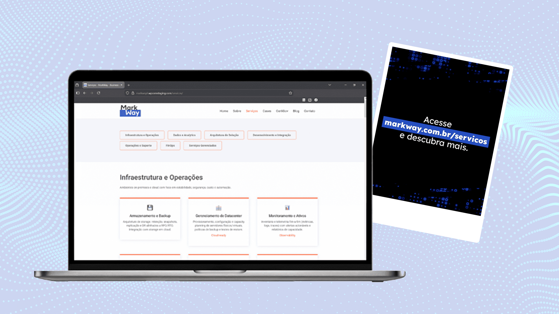 Retrospectiva. Notebook exibindo a página de serviços da MarkWay, com destaque para infraestrutura e operações, ao lado de imagem com chamada para acessar markway.com.br/servicos.