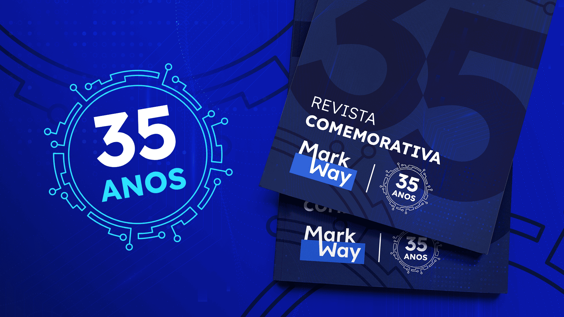 Revista de 35 anos da MarkWay. Duas revistas comemorativas de 35 anos da Mark Way sobre fundo azul, ao lado de um selo com o número 35.